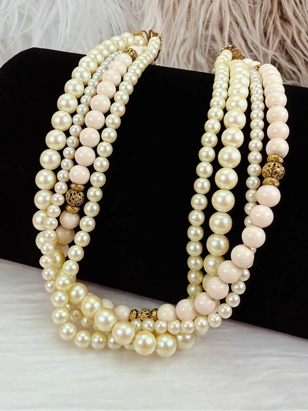 1928 Multi Strand Cream Blush Bead Gold Tone Statement Necklace Vintage